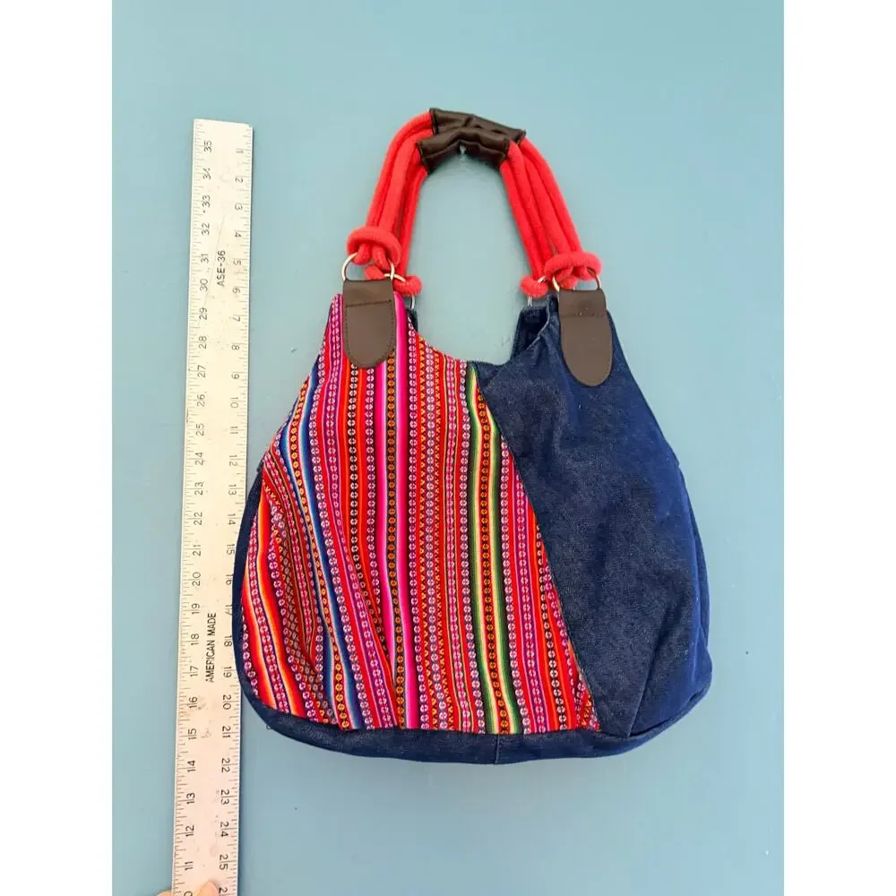 Handmade Peruvian Andean Textile Denim Hobo Bag Bright Woven Stripe Rope Handle